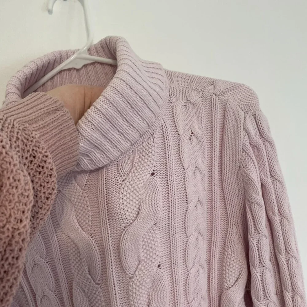 CROFT & BARROW Cable Knit Turtleneck Sweater Light Pink Baby Pink Cotton Blend L - Picture 9 of 16